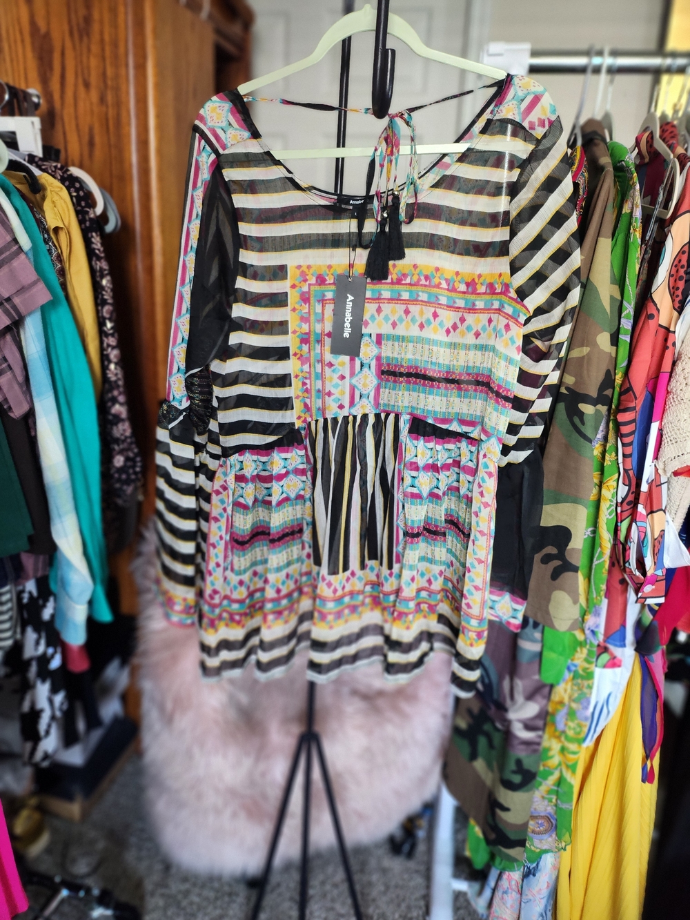 Annabelle Black & White Striped Boho Tunic with Multicolor Geo Print